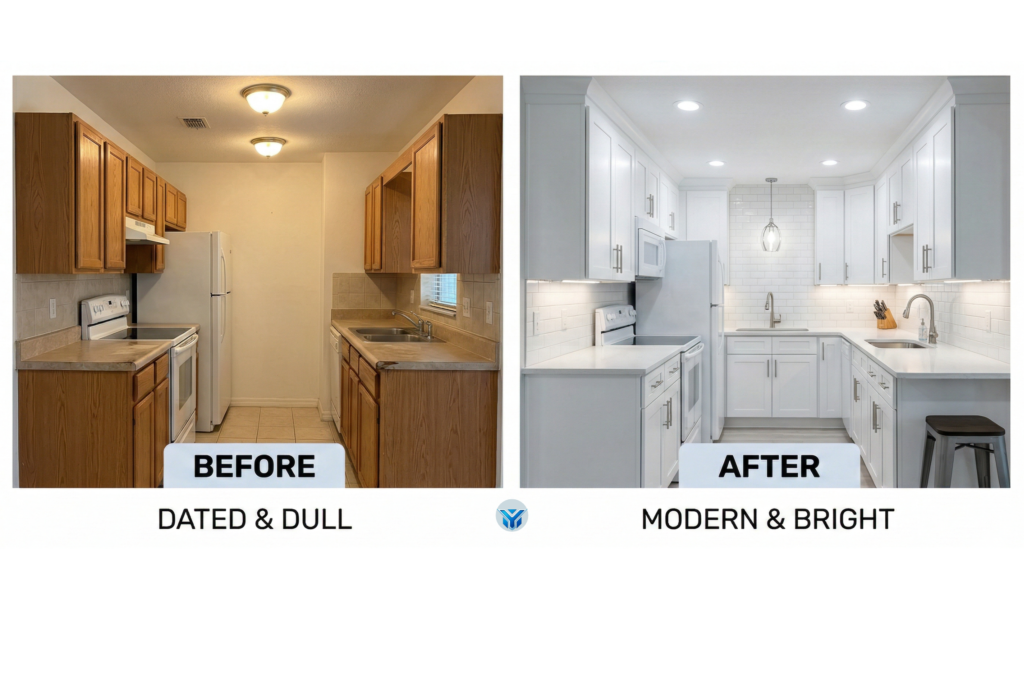 This image presents a side-by-side comparison of a traditional Florida kitchen, showcasing the impact of Yentor LLC's painting services and lighting installation. A color palette of blue and white has been used for the brand's visual elements.