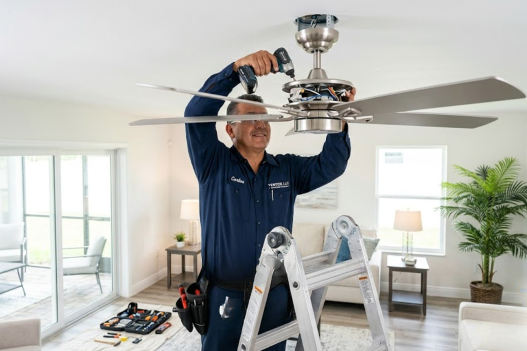 Carlos, a uniformed technician from Yentor LLC, is shown precisely installing a modern ceiling fan in a Southwest Florida living room. His focused approach and professional tools underscore the brand's commitment to quality and safety.