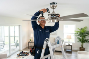 Carlos, a uniformed technician from Yentor LLC, is shown precisely installing a modern ceiling fan in a Southwest Florida living room. His focused approach and professional tools underscore the brand's commitment to quality and safety.