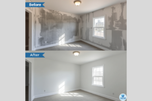 Before and after drywall installation in a Southwest Florida room, showing unfinished patched walls transformed into smooth, professionally finished white walls by Yentor LLC.